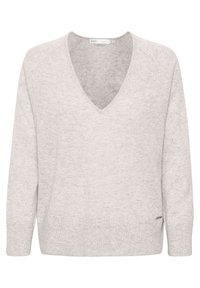Pull tricoté gris clair à manches longues, col en V avec poignets et bas côtelés, présenté sur fond blanc.