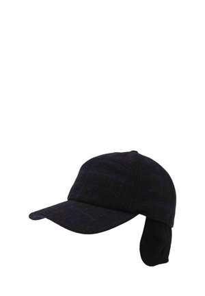 Black wool baseball cap with ear flaps hanging down, designed for cold weather protection.