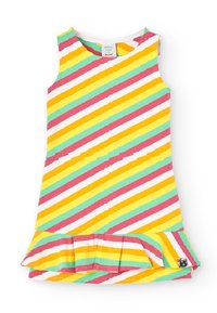 Bez rękawów sukienka dziecięca z ukośnymi paskami w kolorach żółtym, różowym, zielonym i białym, z falbaną na dole.