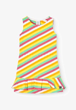 Bez rękawów sukienka dziecięca z ukośnymi paskami w kolorach żółtym, różowym, zielonym i białym, z falbaną na dole.