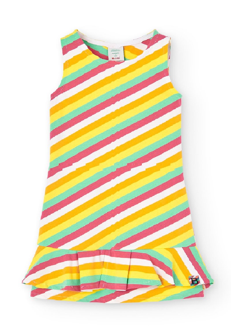 Bez rękawów sukienka dziecięca z ukośnymi paskami w kolorach żółtym, różowym, zielonym i białym, z falbaną na dole.