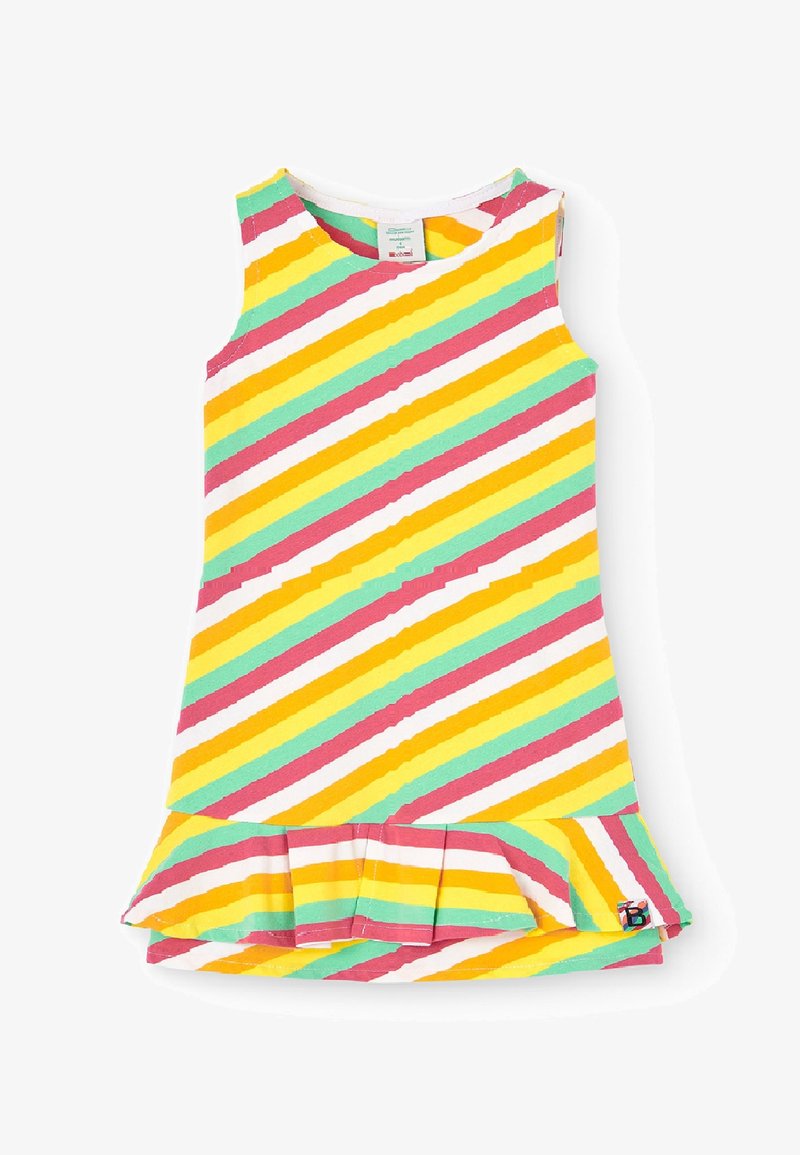 Bez rękawów sukienka dziecięca z ukośnymi paskami w kolorach żółtym, różowym, zielonym i białym, z falbaną na dole.