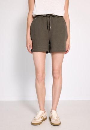 Olijfgroene, lichte katoenen shorts met een elastische tailleband en trekkoord, met omgeslagen zomen en een gestructureerd oppervlak.