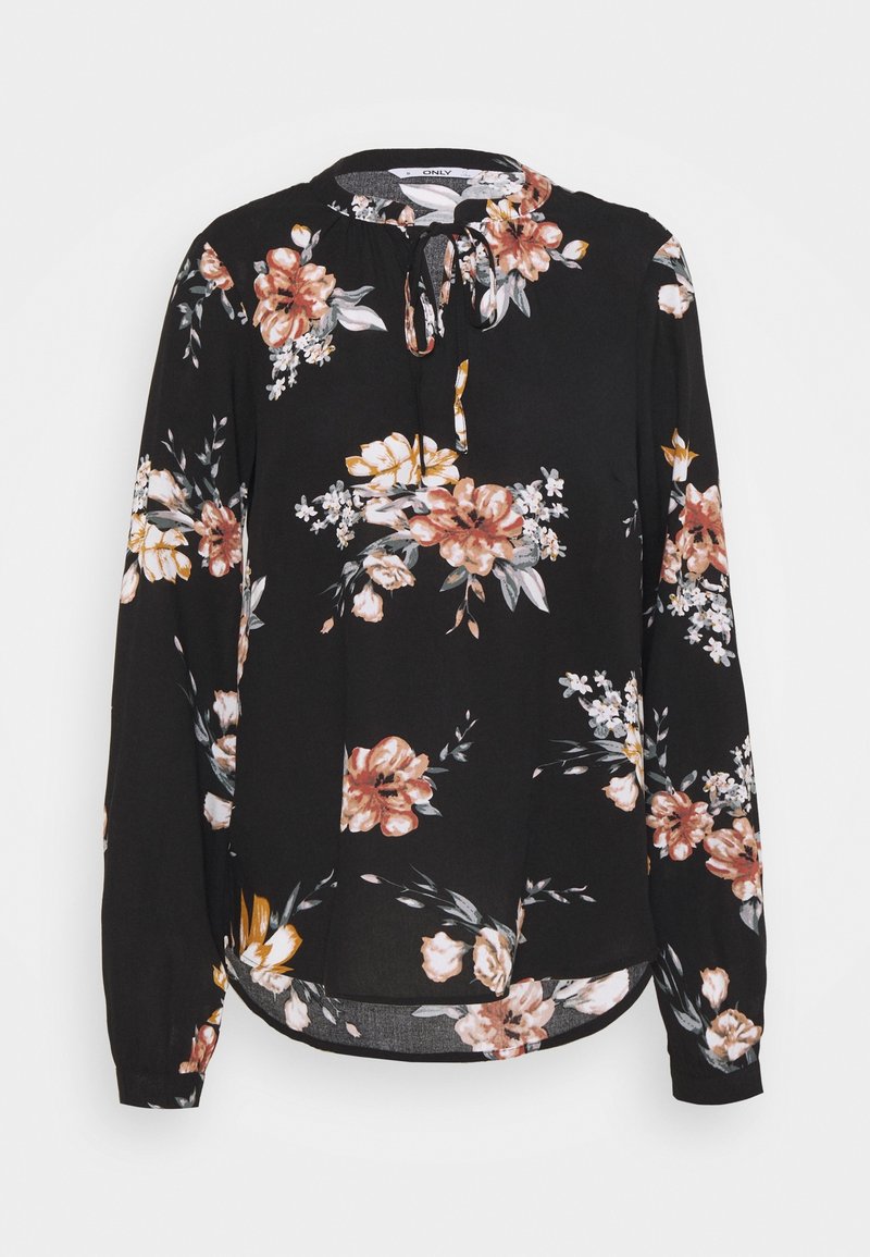 Schwarz-blumige Bluse mit langen Ärmeln, ausgestattet mit einem runden Ausschnitt und einer Bindeschließe. Das Design zeigt große Rosen in Orangetönen und Weiß.