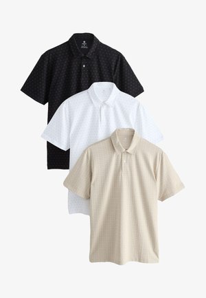 Trois polos à manches courtes avec de petits motifs géométriques en noir, blanc et beige, disposés en superposition sur un fond blanc.