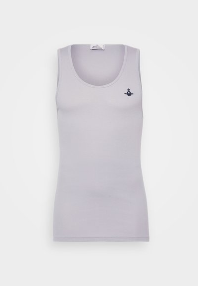 Ανοιχτό γκρι αμάνικη μπλούζα φτιαγμένη από ριγωτό ύφασμα, διαθέτοντας ένα μικρό ναυτικό λογότυπο στην αριστερή περιοχή του στήθους και στρογγυλή λαιμόκοψη.