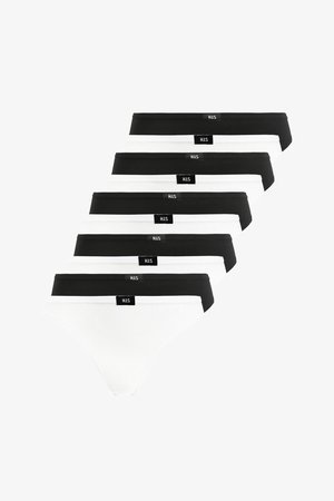 Set aus acht Baumwoll-Hipster-Unterhosen in Weiß und Schwarz, mit glatter Textur, elastischen Taillengummis und einem kleinen Markenschild auf jeder.