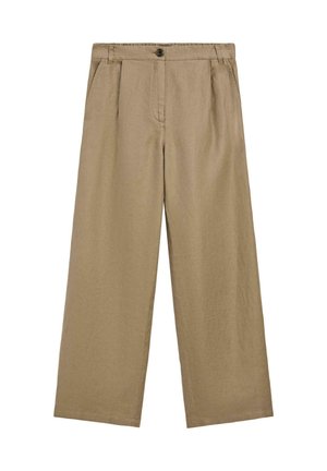 Beige bukser med vide ben lavet af et let materiale. Har en frontlukning med knapper, to sidelommer og en glat tekstur.