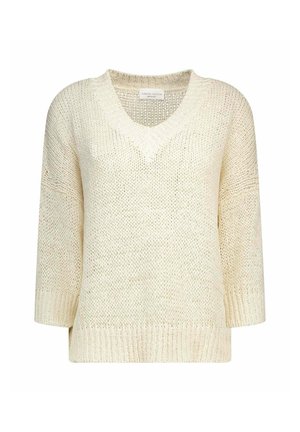 Gebreide trui in roomkleur met V-hals en driekwart mouwen, met geribbelde boorden en zoom.