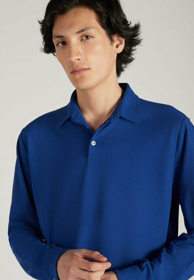 Polo bleu à manches longues avec col, doté de deux boutons au niveau du cou et d'une texture de tissu lisse. Design simple et classique.