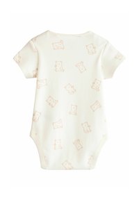 Kortärmad baby bodysuit i krämfärgad tyg med ett upprepande mönster av ljusorangea nallar. Har en rund halsringning och tryckknappar.