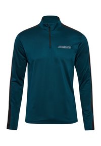 Teal långärmad tröja med kvartszipp, svarta sidskärningar och "HUMMEL"-logotyp på bröstet. Mjuk, lätt tyg.