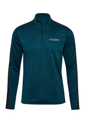 Teal long-sleeve pullover with a quarter zip, black side accents, and "HUMMEL" logo on the chest. Smooth, lightweight fabric.