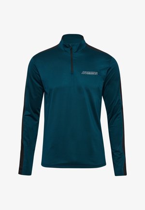 Teal långärmad tröja med kvartszipp, svarta sidskärningar och "HUMMEL"-logotyp på bröstet. Mjuk, lätt tyg.