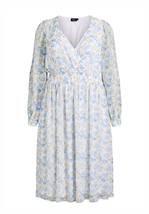Lehké květinové midi šaty s dlouhými nabíranými rukávy, výstřihem do V a nařaseným pasem v jemných modrých a žlutých tónech na bílém pozadí.