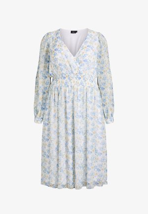 Lehké květinové midi šaty s dlouhými nabíranými rukávy, výstřihem do V a nařaseným pasem v jemných modrých a žlutých tónech na bílém pozadí.