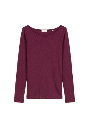Long-sleeve top in a deep maroon color, featuring a wide scoop neckline and soft, slightly textured fabric. Simple design with no embellishments.