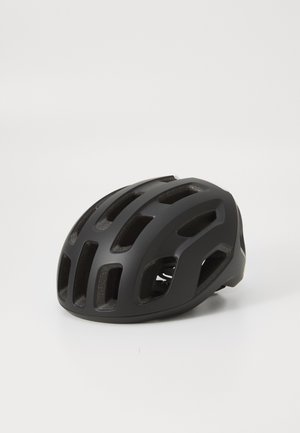 Casco da bicicletta nero con un design aerodinamico, dotato di numerose aperture di ventilazione e una finitura liscia e opaca. Struttura leggera.