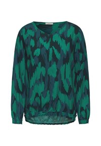 Zielona i ciemnoturkusowa bluzka z dekoltem w serek, długimi rękawami i teksturowanym wzorem. Elastyczny dół oraz marszczone mankiety rękawów zapewniają swobodny krój.