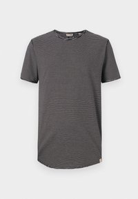Black and white striped t-shirt with short sleeves, round neckline, and a rounded hem. Soft fabric with a casual fit. Tag visible inside.