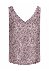 Haut sans manches à col en V avec un motif floral rose et blanc, présentant de petites fleurs éparses et des feuilles vertes sur un fond clair.