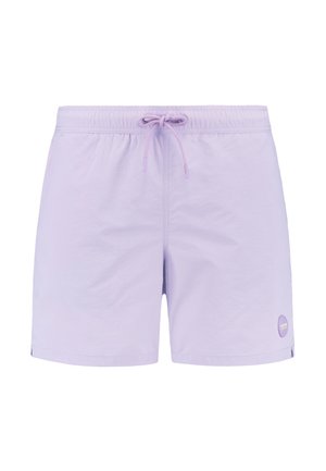 Lyse lilla svøm shorts lavet af stof; elastisk talje med snøre. Har et logo mærke på nederste højre side.