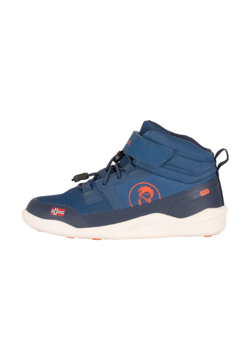 Blue mid-top sneaker featuring a textured mesh upper, orange accents, adjustable strap, and a lightweight white sole with grip patterns.