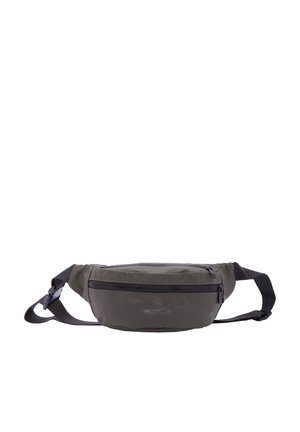 Borsetta a tracolla rettangolare grigia con finitura testurizzata, dotata di tasca con zipper e tracolla nera regolabile, adatta per uso casual.