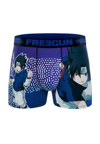Boxers bleus en tissu doux ornés de graphiques du personnage de Naruto, avec une taille élastique et des motifs abstraits violets.