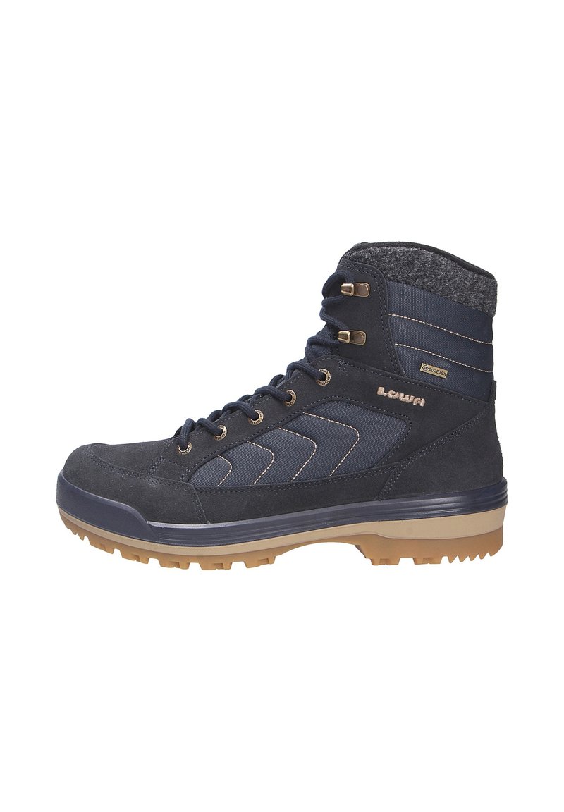 Marine wandelschoenen van suede en textiel; gevoerde kraag, rubberen zool, vetersluiting met metalen ogen en contrasterende stiksels.
