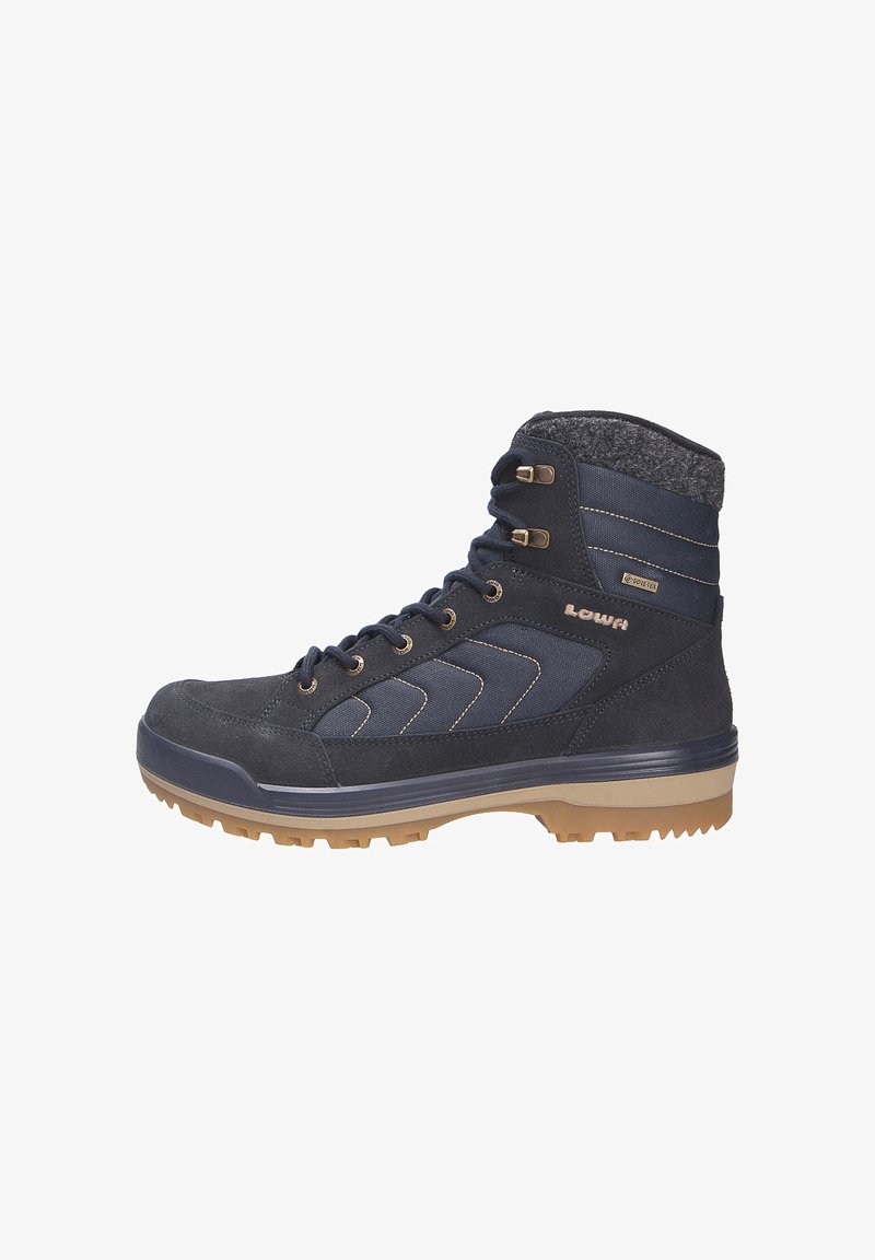 Marine Wanderschuhe aus Wildleder und Textil; gepolsterter Schaft, Gummisohle, Schnürdesign mit Metallösen und kontrastierenden Nähten.