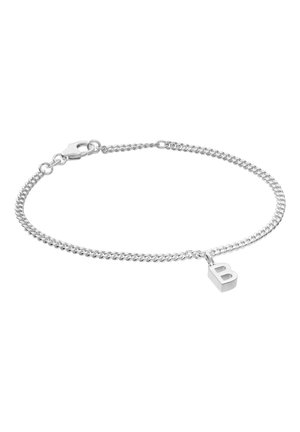 Silver chain bracelet with a lobster clasp and a small pendant featuring the letter "B" hanging from the chain.