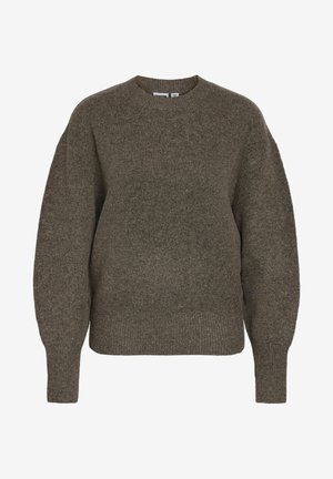 Khaki sveter vyrobený z textúrovanej pleteniny, s okrúhlym výstrihom, dlhými rukávmi a voľným strihom. Jednoduchá, jednofarebná, s rebrovanými manžetami.