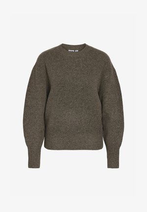 Khaki színű pulóver, texturált kötött anyagból készült, kerek nyakkal, hosszú ujjakkal és laza szabással. Egyszerű, egyszínű, ribbelt mandzsettákkal.