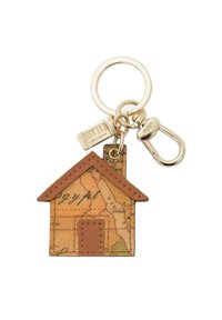 Portachiavi a forma di casa, con un design mappa in tonalità terrose, porta in pelle marrone, anello e chiusura in tono oro.