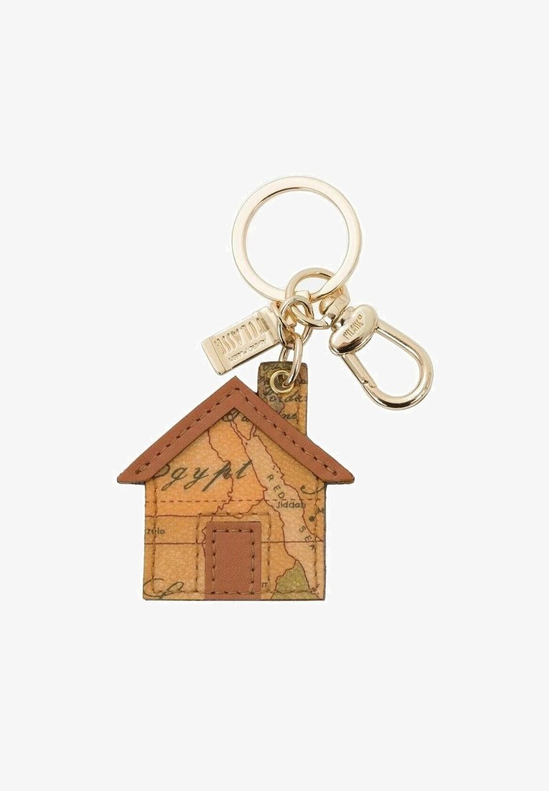 Portachiavi a forma di casa, con un design mappa in tonalità terrose, porta in pelle marrone, anello e chiusura in tono oro.