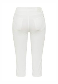 Capris en denim blanc avec deux poches arrières, une texture lisse et une coupe ajustée. La ceinture possède une étiquette au dos.