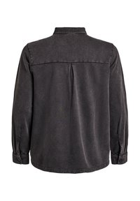 Schwarzes Langarmshirt mit geknöpften Manschetten, Kragen, Passe und einer Falte am Rücken; glatter, strukturierter Stoff.