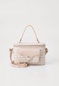 Geantă mică dreptunghiulară din piele bej deschis, cu model texturat, închidere cu fermoar, clapetă frontală și curea de umăr detașabilă.