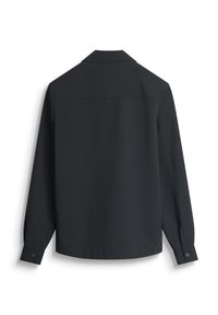Zwarte langekleurige shirt met een kraag, knoopmanchetten, een gladde stof en een subtiele naaddetail over de bovenrug.