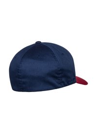 Navy blue baseball cap with a red visor, made of smooth fabric. Features a stitched logo and button on top, with ventilation holes on the sides.