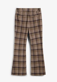 Pantalones de cuadros marrones con un acabado texturizado, que presentan líneas azul oscuro y amarillas, cuatro bolsillos y un diseño de pierna acampanada.