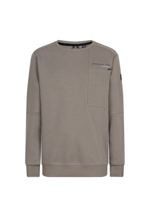 Grauer Pullover aus weichem Stoff, mit Rundhalsausschnitt, langen Ärmeln und einer Brusttasche mit Logotext. Rippbündchen an den Ärmeln und am Saum.