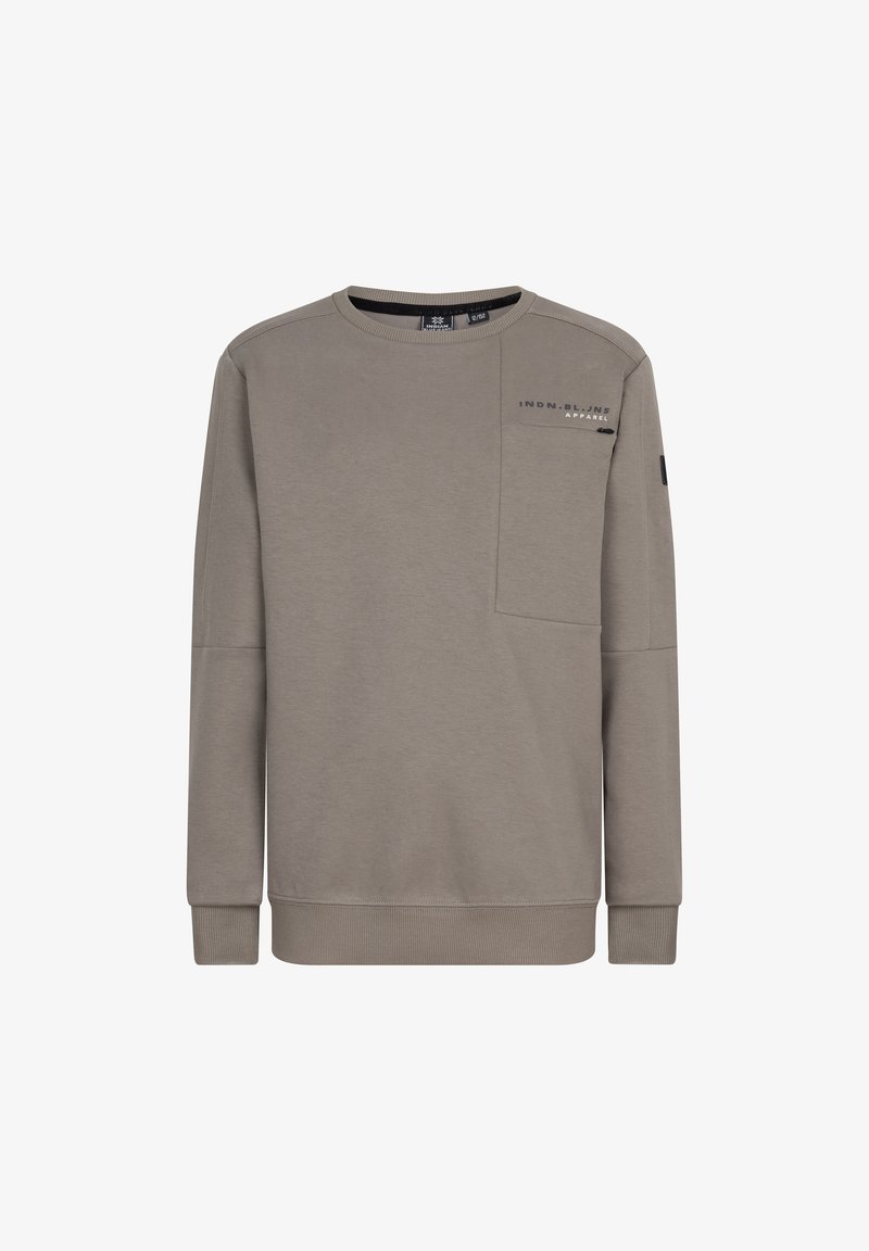 Grauer Pullover aus weichem Stoff, mit Rundhalsausschnitt, langen Ärmeln und einer Brusttasche mit Logotext. Rippbündchen an den Ärmeln und am Saum.