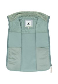 Light green vest with a soft, fleece lining, featuring four front pockets and a zip closure. Inner label reads "ragwear."