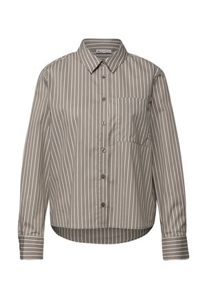 Button-up shirt in brown with narrow white stripes; features a chest pocket, long sleeves, and a round hemline. Smooth fabric texture.