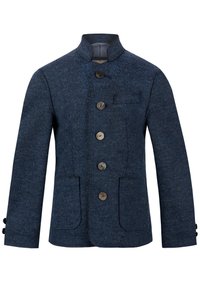 Blaue Wolljacke mit hohem Kragen, fünf vorderen Knöpfen, zwei Seitentaschen und einer Brusttasche. Texturiertes Gewebe mit glatter Oberfläche.