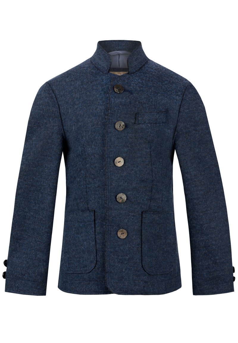 Blaue Wolljacke mit hohem Kragen, fünf vorderen Knöpfen, zwei Seitentaschen und einer Brusttasche. Texturiertes Gewebe mit glatter Oberfläche.