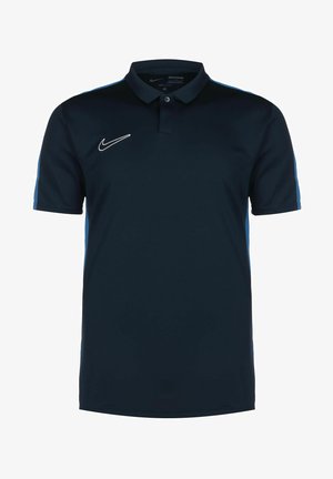Navyblaues Nike Polo-Shirt mit kurzen Ärmeln, einem Kragen und hellblauen Akzenten an den Seiten. Verfügt über ein weißes Swoosh-Logo auf der Brust.