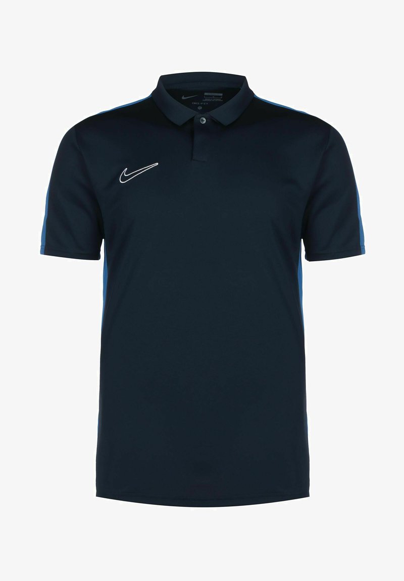 Marineblauwe Nike polo met korte mouwen, een kraag en lichtblauwe accenten aan de zijkanten. Bevat een witte swoosh-logo op de borst.